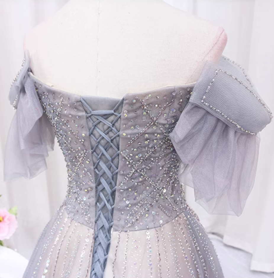 Luxurious A-Line Off-Shoulder Sweet 16th Evening Gowns Tulle Sequins Beading Prom Dress AP4514