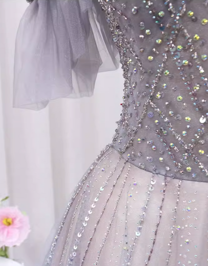 Luxurious A-Line Off-Shoulder Sweet 16th Evening Gowns Tulle Sequins Beading Prom Dress AP4514