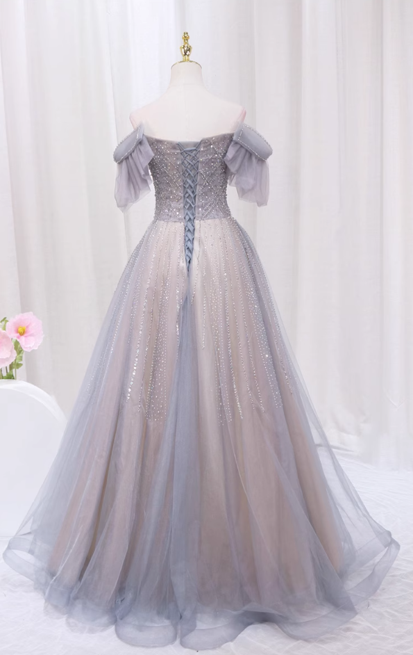 Luxurious A-Line Off-Shoulder Sweet 16th Evening Gowns Tulle Sequins Beading Prom Dress AP4514