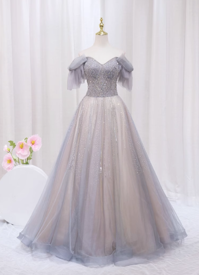 Luxurious A-Line Off-Shoulder Sweet 16th Evening Gowns Tulle Sequins Beading Prom Dress AP4514