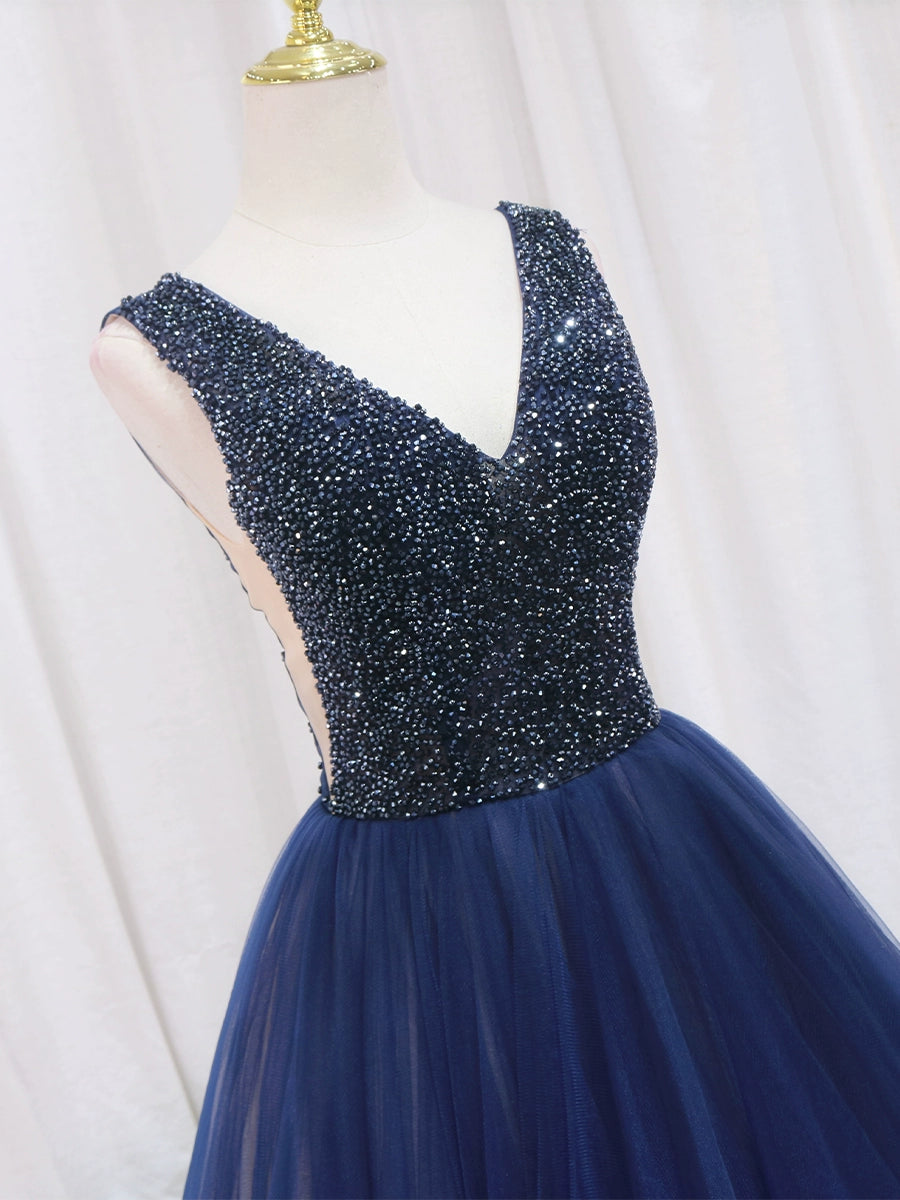 Luxury A-Line V Neck Formal Gowns Ruffles Tulle Sleeveless Beading Sequins Prom Dress AP4515