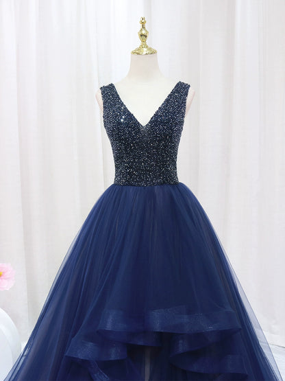 Luxury A-Line V Neck Formal Gowns Ruffles Tulle Sleeveless Beading Sequins Prom Dress AP4515