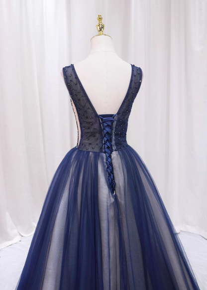 Luxury A-Line V Neck Formal Gowns Ruffles Tulle Sleeveless Beading Sequins Prom Dress AP4515