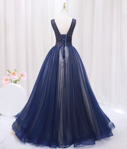 Luxury A-Line V Neck Formal Gowns Ruffles Tulle Sleeveless Beading Sequins Prom Dress AP4515