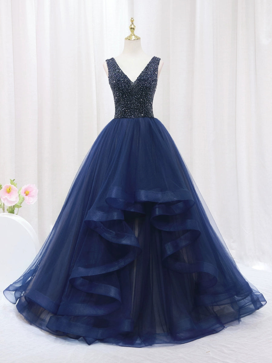 Luxury A-Line V Neck Formal Gowns Ruffles Tulle Sleeveless Beading Sequins Prom Dress AP4515
