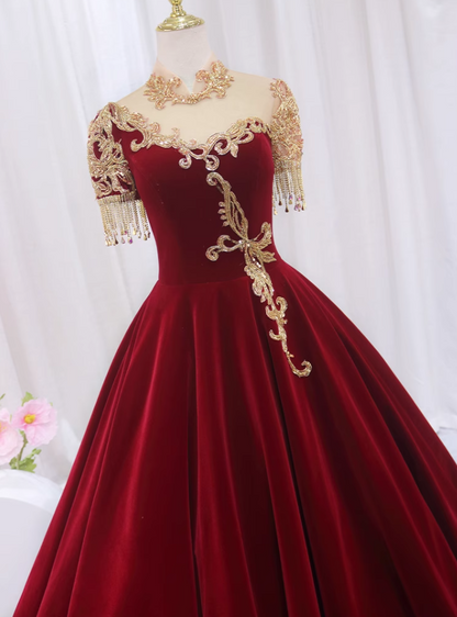 Graceful A-Line Illusion Neck Short Sleeve Formal Gowns Sequins Tassel Beading Appliques Prom Dress AP4516