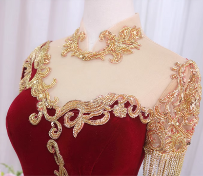 Graceful A-Line Illusion Neck Short Sleeve Formal Gowns Sequins Tassel Beading Appliques Prom Dress AP4516