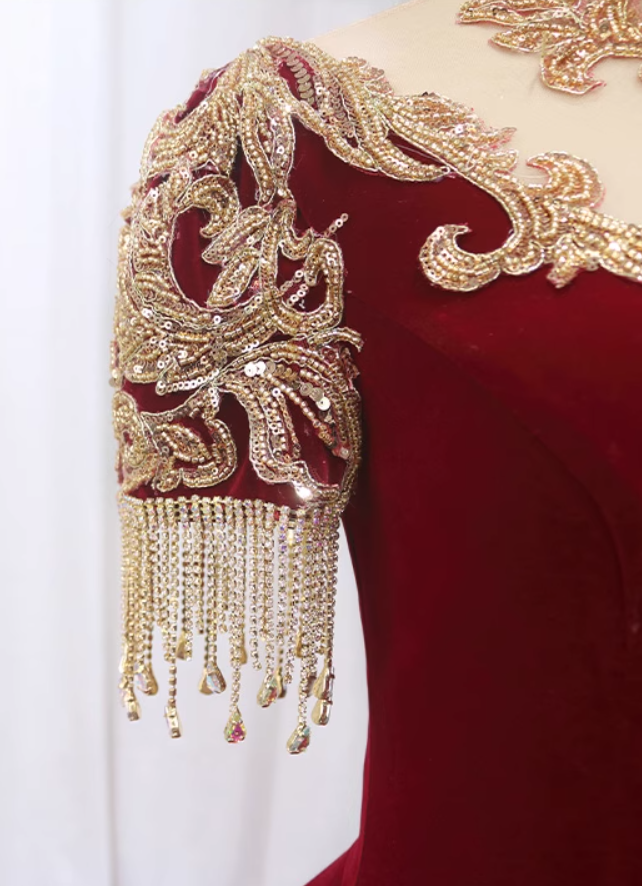 Graceful A-Line Illusion Neck Short Sleeve Formal Gowns Sequins Tassel Beading Appliques Prom Dress AP4516