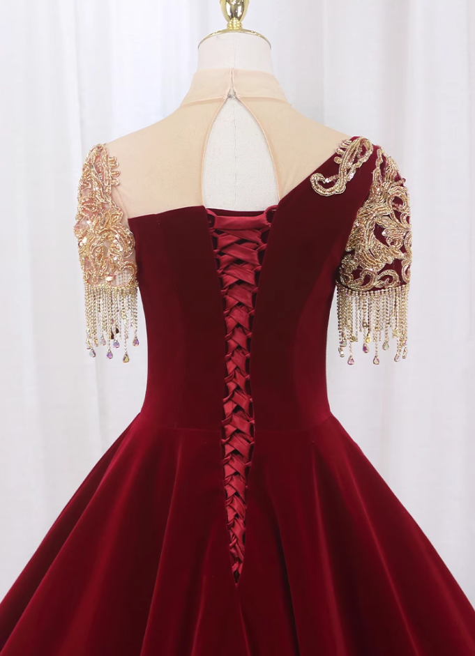 Graceful A-Line Illusion Neck Short Sleeve Formal Gowns Sequins Tassel Beading Appliques Prom Dress AP4516