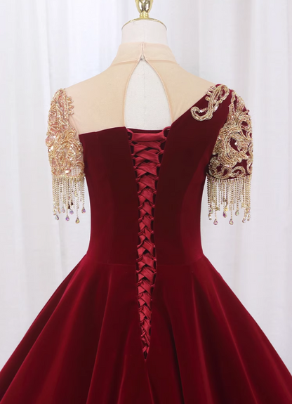 Graceful A-Line Illusion Neck Short Sleeve Formal Gowns Sequins Tassel Beading Appliques Prom Dress AP4516