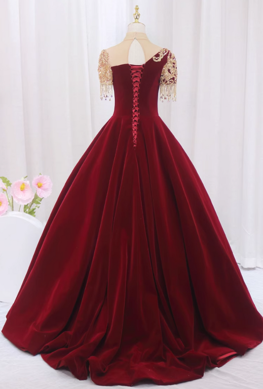 Graceful A-Line Illusion Neck Short Sleeve Formal Gowns Sequins Tassel Beading Appliques Prom Dress AP4516