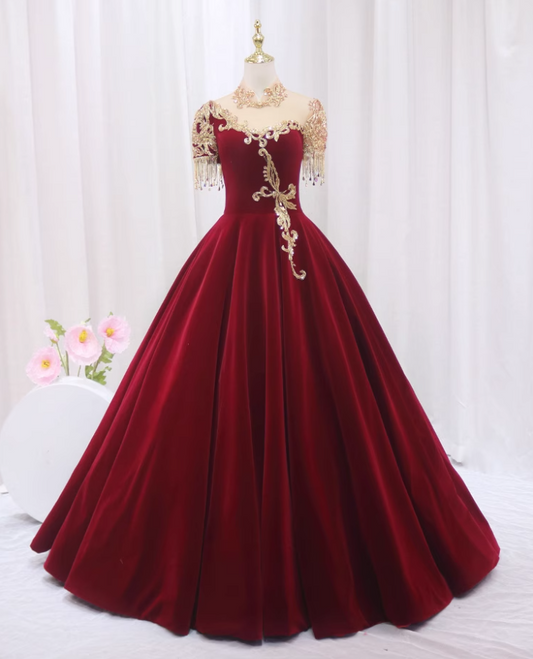 Graceful A-Line Illusion Neck Short Sleeve Formal Gowns Sequins Tassel Beading Appliques Prom Dress AP4516
