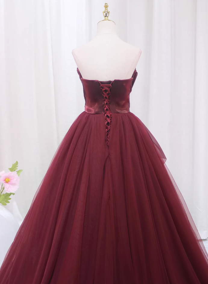 Elegant A-Line Red Strapless Sweet 16th Evening Dresses Bow Pleated Tulle Prom Dress AP4517