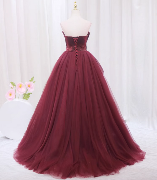 Elegant A-Line Red Strapless Sweet 16th Evening Dresses Bow Pleated Tulle Prom Dress AP4517