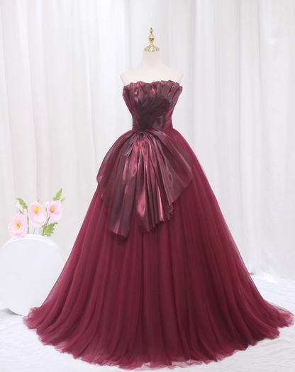 Elegant A-Line Red Strapless Sweet 16th Evening Dresses Bow Pleated Tulle Prom Dress AP4517