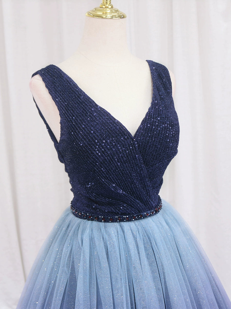Classical A-Line V Neck Sweet 16th Gowns Ombre Tulle Sleeveless Sequins Beads Prom Dress AP4518