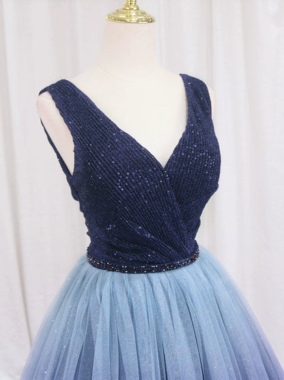 Classical A-Line V Neck Sweet 16th Gowns Ombre Tulle Sleeveless Sequins Beads Prom Dress AP4518