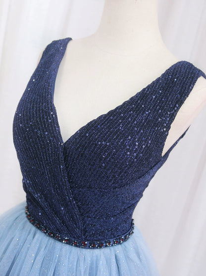 Classical A-Line V Neck Sweet 16th Gowns Ombre Tulle Sleeveless Sequins Beads Prom Dress AP4518