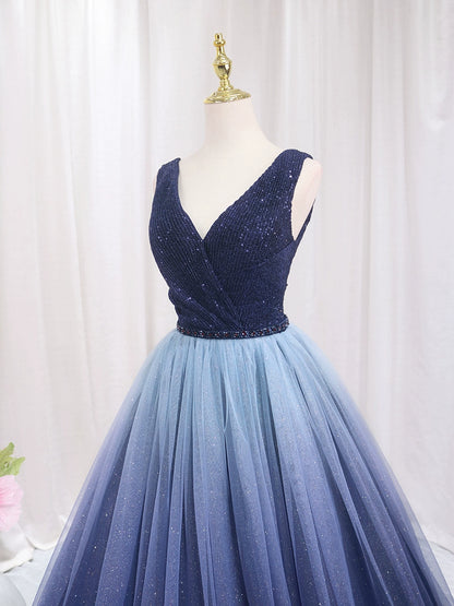 Classical A-Line V Neck Sweet 16th Gowns Ombre Tulle Sleeveless Sequins Beads Prom Dress AP4518