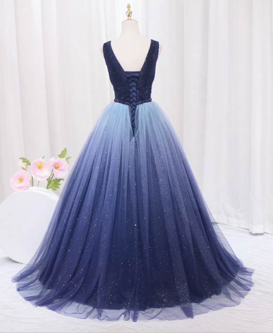 Classical A-Line V Neck Sweet 16th Gowns Ombre Tulle Sleeveless Sequins Beads Prom Dress AP4518