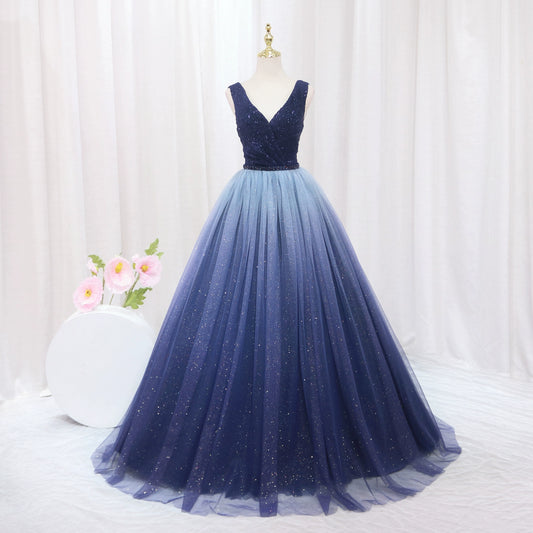 Classical A-Line V Neck Sweet 16th Gowns Ombre Tulle Sleeveless Sequins Beads Prom Dress AP4518