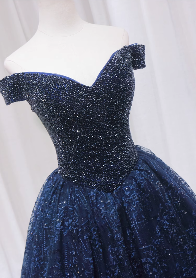 Fantastic A-Line Off-Shoulder Sweet 16th Gowns Sequins Beading Textured Tulle Prom Dress AP4519