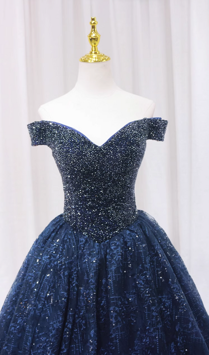 Fantastic A-Line Off-Shoulder Sweet 16th Gowns Sequins Beading Textured Tulle Prom Dress AP4519