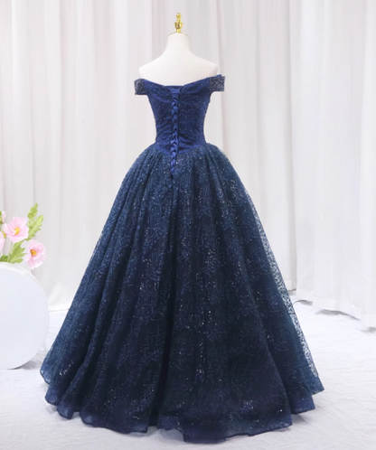 Fantastic A-Line Off-Shoulder Sweet 16th Gowns Sequins Beading Textured Tulle Prom Dress AP4519