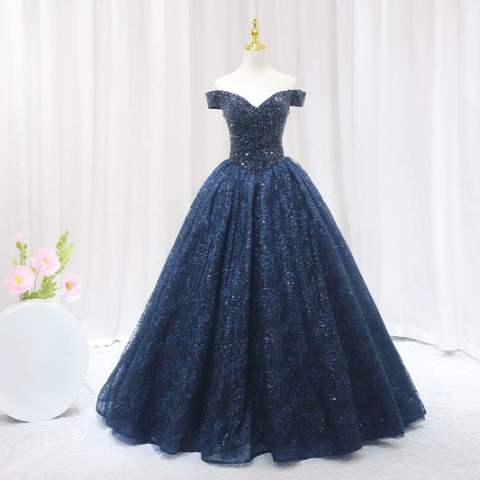 Fantastic A-Line Off-Shoulder Sweet 16th Gowns Sequins Beading Textured Tulle Prom Dress AP4519