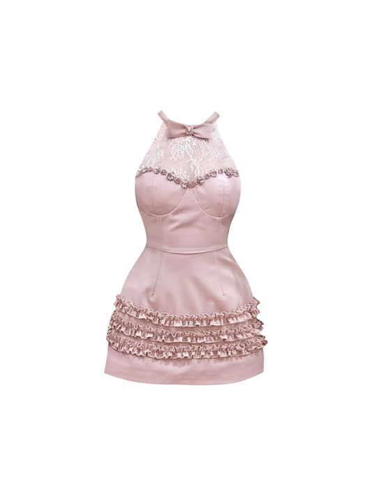 Cute Bodycon Splicing Lace Beaded Pink Mini Skirt Romantic Bow Accent  Ruffles Trim Halter Short Dress AP4521