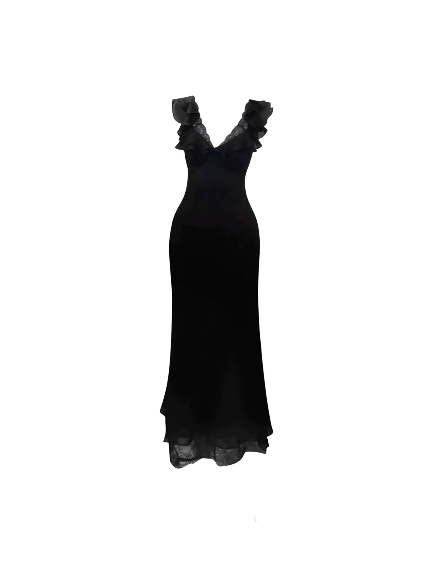Vintage Sheath Black V-Neck Maxi Dresses Sweet Lace Ruffles Trim Long Dress AP4522