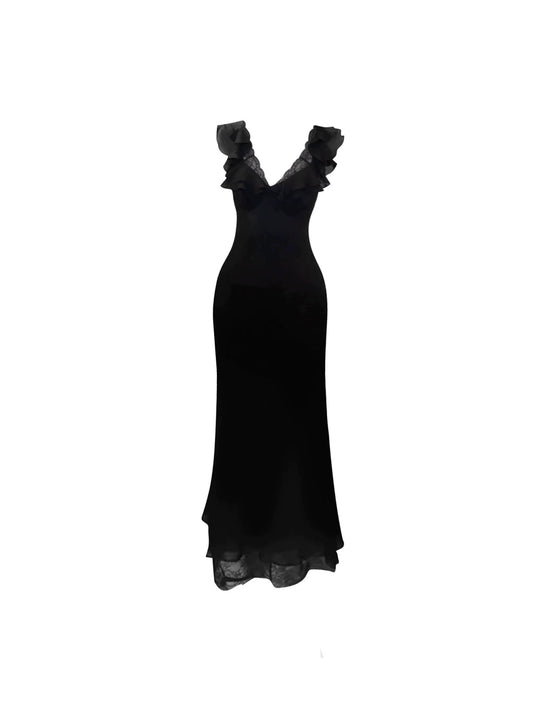 Vintage Sheath Black V-Neck Maxi Dresses Sweet Lace Ruffles Trim Long Dress AP4522