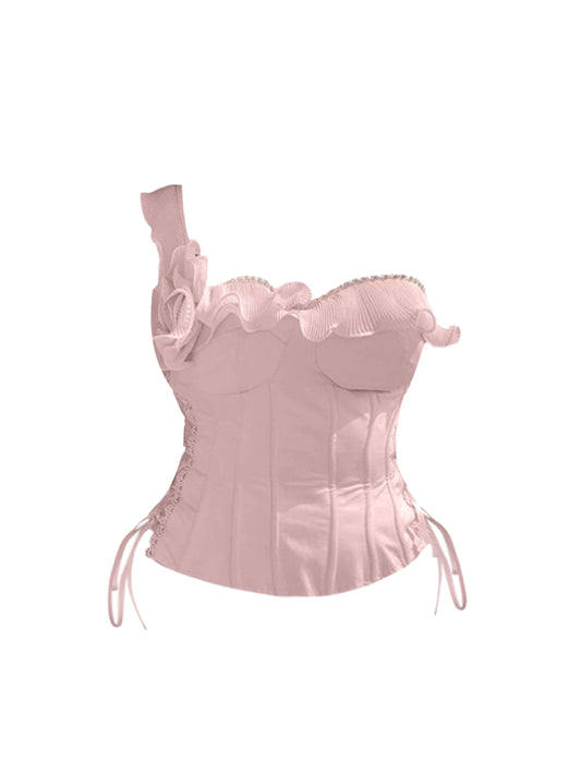Artistic Beaded One Shoulder Pink Tiered Mini Skirt Adorable 2-Piece Set Ruffles Trim A-Line Short Dress AP4523