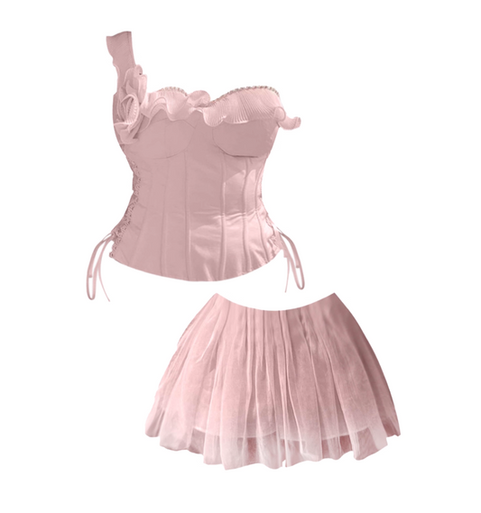 Artistic Beaded One Shoulder Pink Tiered Mini Skirt Adorable 2-Piece Set Ruffles Trim A-Line Short Dress AP4523