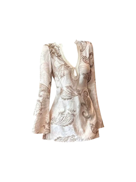 Sheen A-Line Floral Print Cutout Mini Skirt Vintage V Neck Bell Long Sleeve Short Dress AP4526