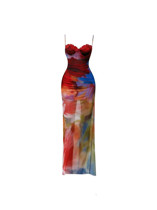Gorgeous Sheath Tie-Dye Tulle Maxi Dress Vibrant Spaghetti Straps Lace Trim Long Dress AP4528