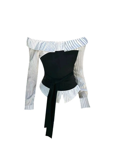Glam Sheath Long Sleeve Stripe Mini Skirt Office Suit Off-Shoulder 2-Piece Set Short Dress AP4529