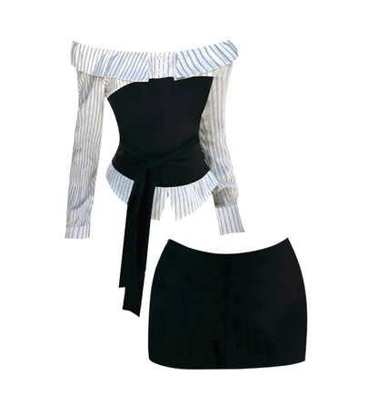 Glam Sheath Long Sleeve Stripe Mini Skirt Office Suit Off-Shoulder 2-Piece Set Short Dress AP4529