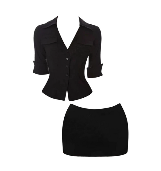 Glamorous Long Sleeve V-Neck Mini Skirt Office Suit Sheath 2-Piece Set Black Short Dress AP4530