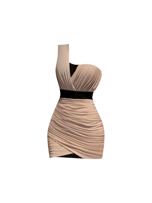 Dramatic Bodycon One-Shoulder Mini Dress Parties & Dates Outfit Pleated Cinched-Waist Short Dress AP4531