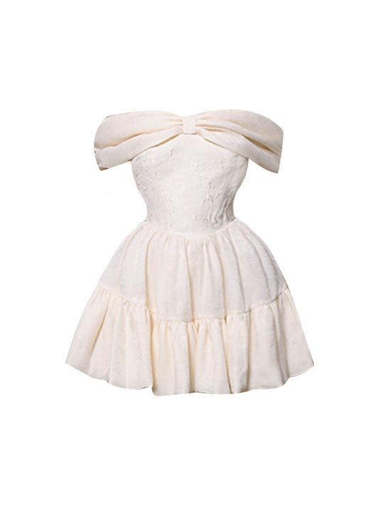 Stunning A-Line White Cinched-Waist Mini Skirt Alluring Off-Shoulder Jacquard Short Dress AP4532