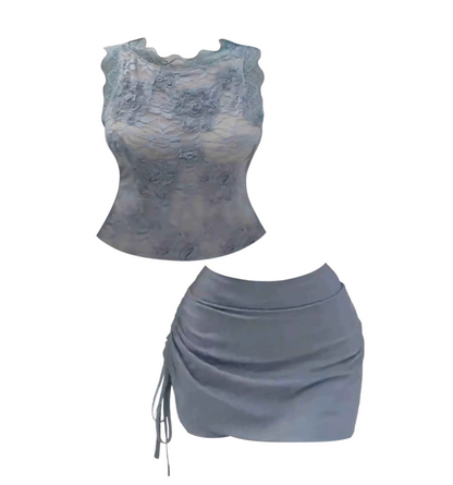 Vibrant Bodycon Jewel Neck Gathered Mini Dress Parties & Dates Outfit 2-Piece Set Lace Trim Short Dress AP4535