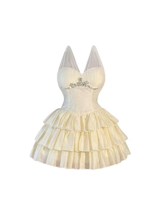 Charming A-Line Beading Tiered Mini Skirt Splicing Lace Tulle Trim Halter Short Dress AP4538