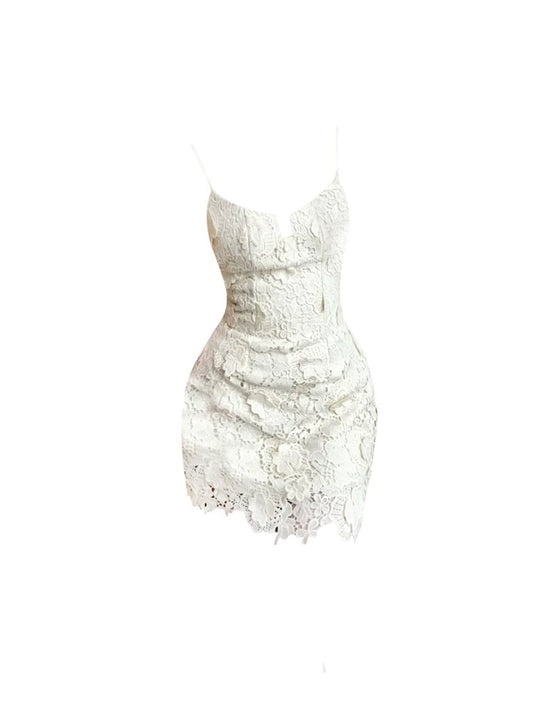 Minimalist Spaghetti Strap Splicing Lace Mini Skirt Charming Party Outfit Sheath Short Dress AP4540