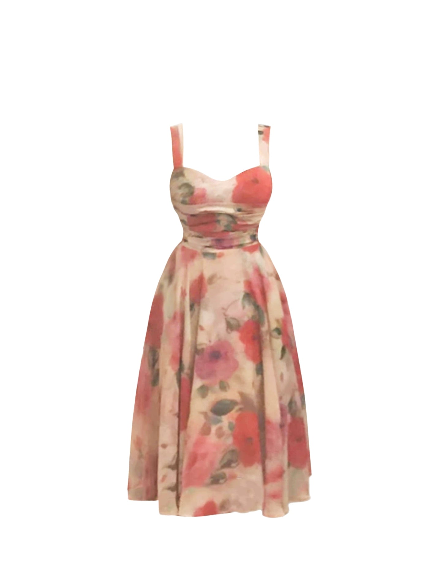 Flowy Spaghetti Strap Floral Print Midi Dress Seaside Photoshoot Cinched-Waist A-Line Long Dress AP4542