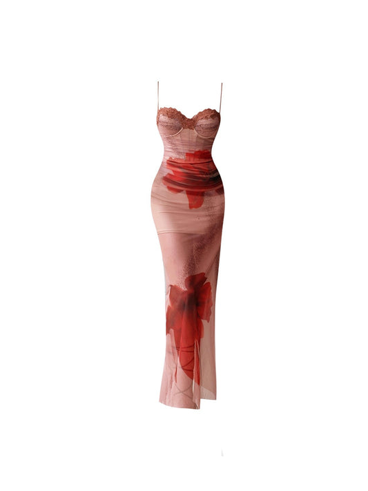 Stylish Sheath Floral Print Tulle Maxi Dress French Style Spaghetti Straps Lace Trim Long Dress AP4544
