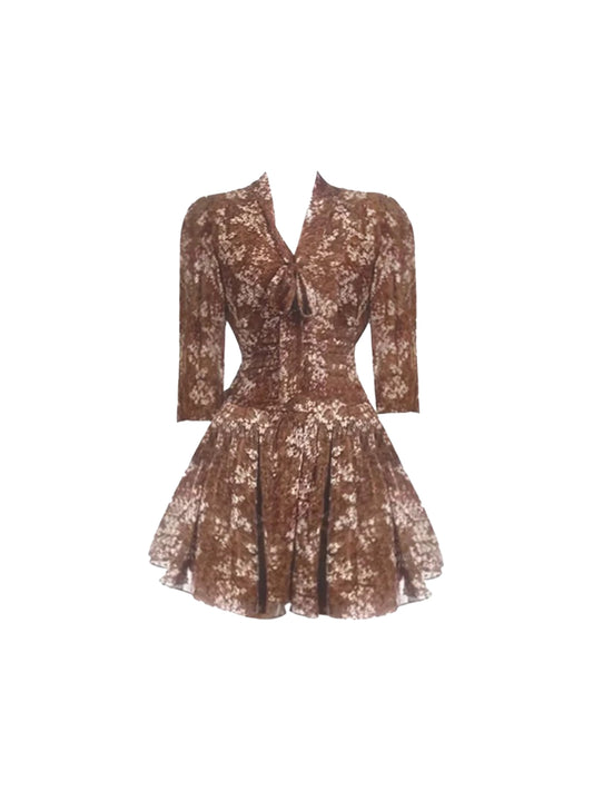 Fitted A-Line Floral Print Cinched-Waist Mini Skirt Charming V Neck Long Sleeve Short Dress AP4545