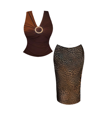 Flattering V Neck Gathered Leopard Print Midi Dress Vintage 2-Piece Set Sheath Long Dress AP4546