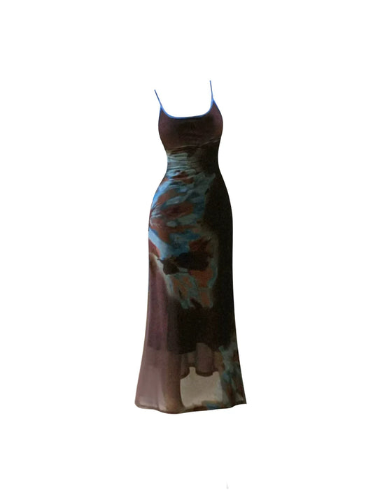 Trendy Sheath Printed Tulle Maxi Dress With Lining Retro Spaghetti Straps Party Outfit Long Dress AP4547