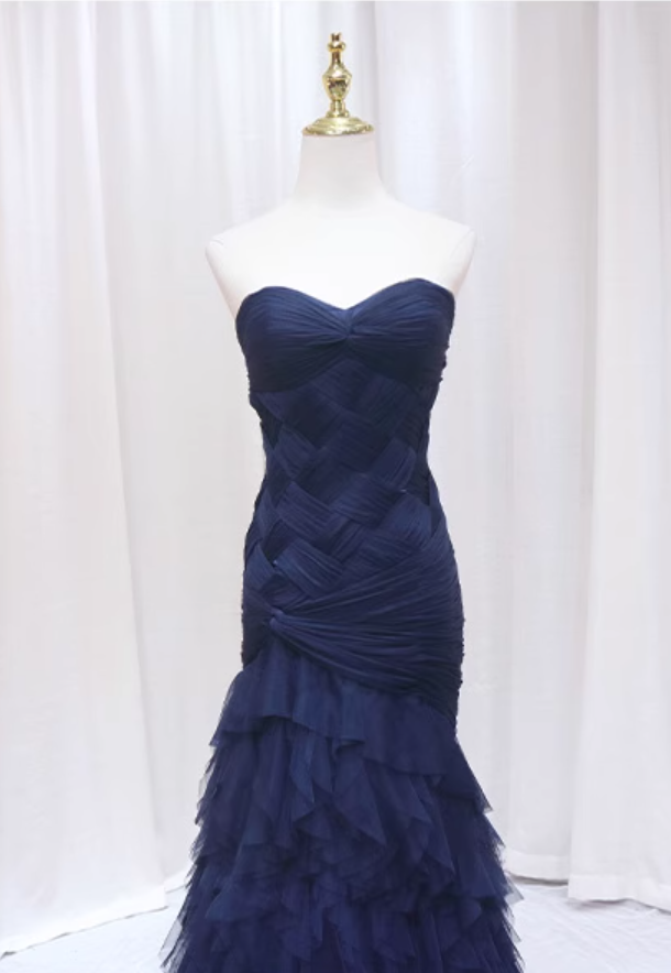 Sexy Navy Blue Sweetheart Neck Sweet 16th Mermaid Evening Dresses Braided Tulle Tiered Prom Dress AP4549